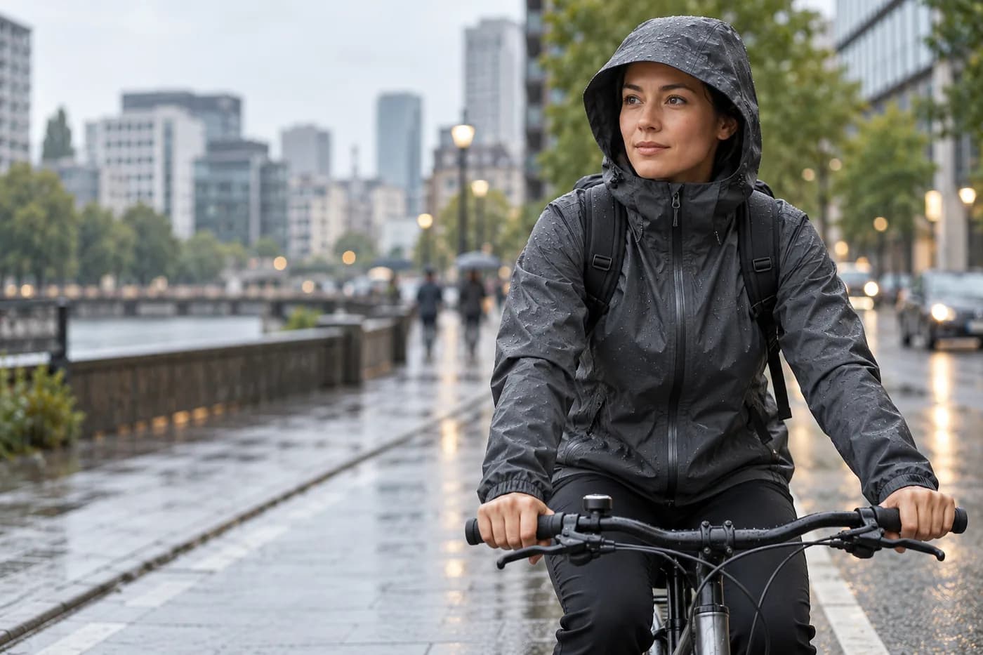 Cyclist wearing a lightweight waterproof shell in a rainy city