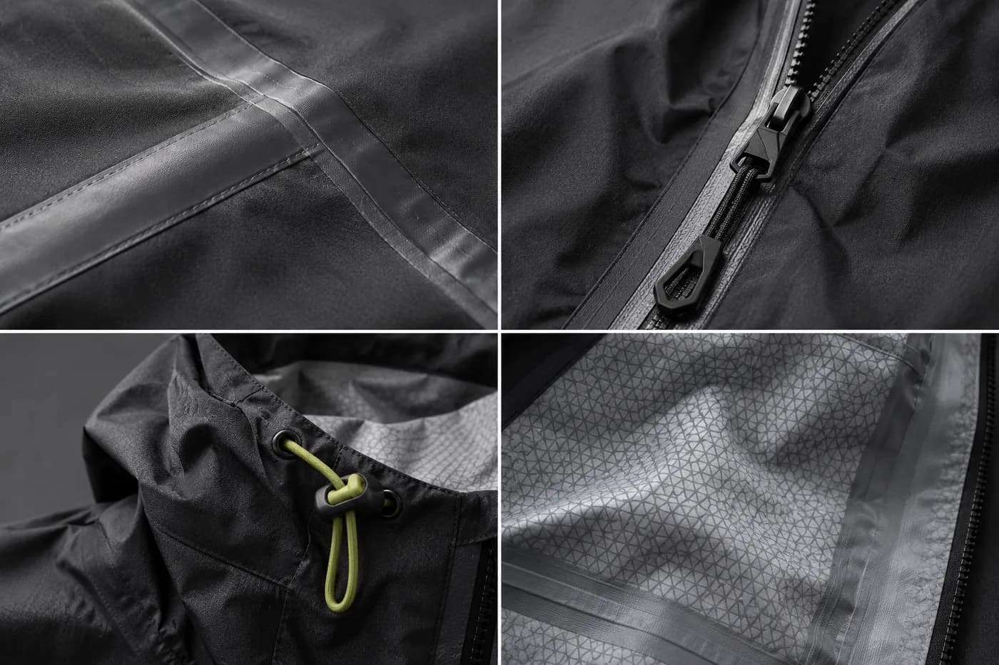 Waterproof jacket seam tape, zipper and hood adjustment details