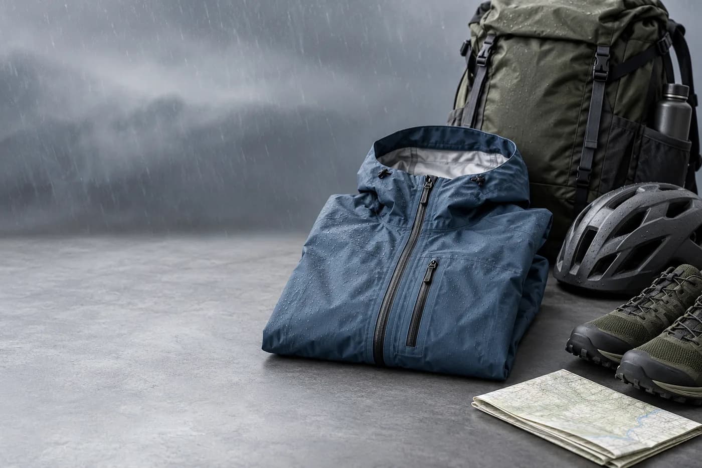 Packable waterproof jacket with travel backpack and outdoor gear