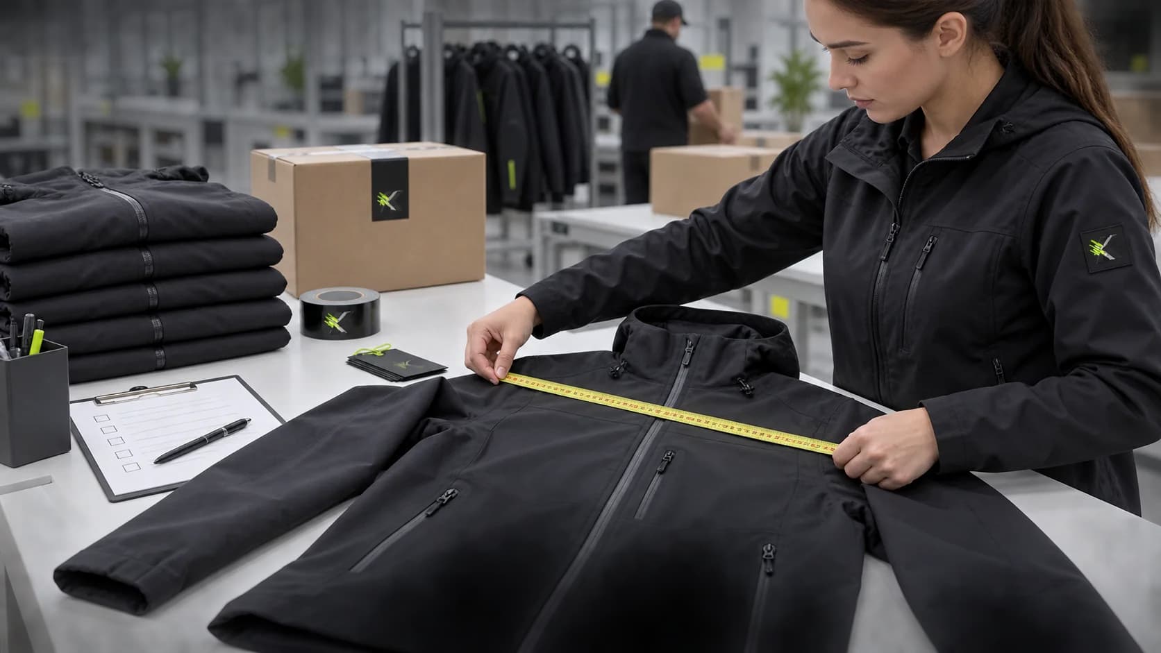 RASKOR specialist measuring a technical shell jacket during final inspection and packing