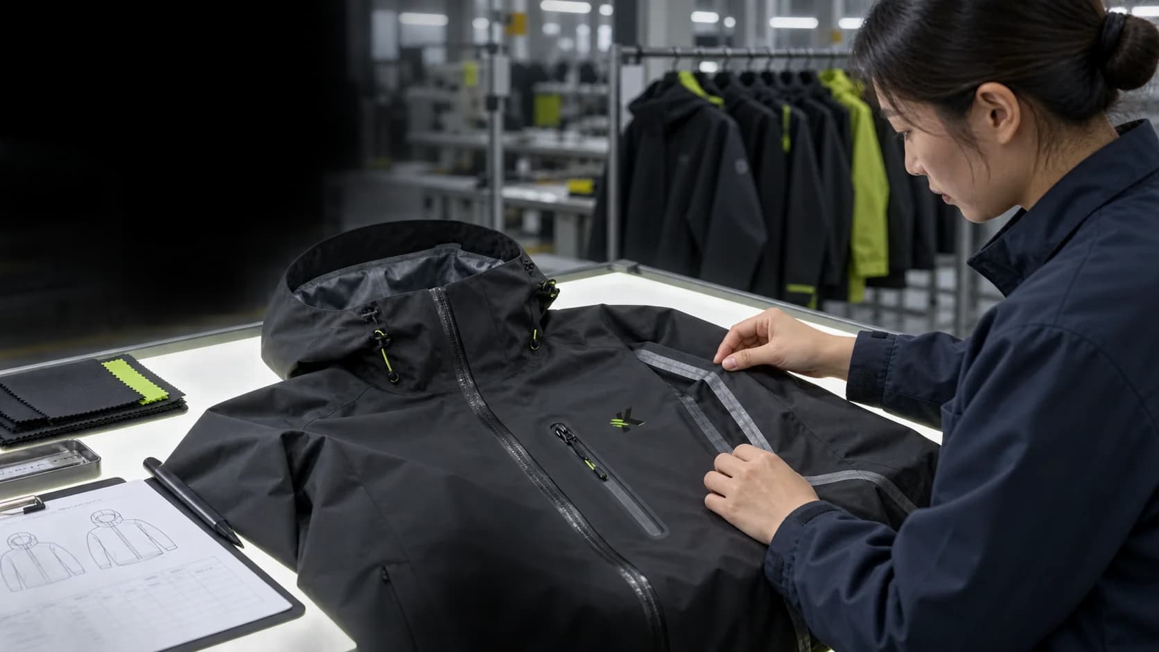 RASKOR quality inspector reviewing seam tape and waterproof zipper construction