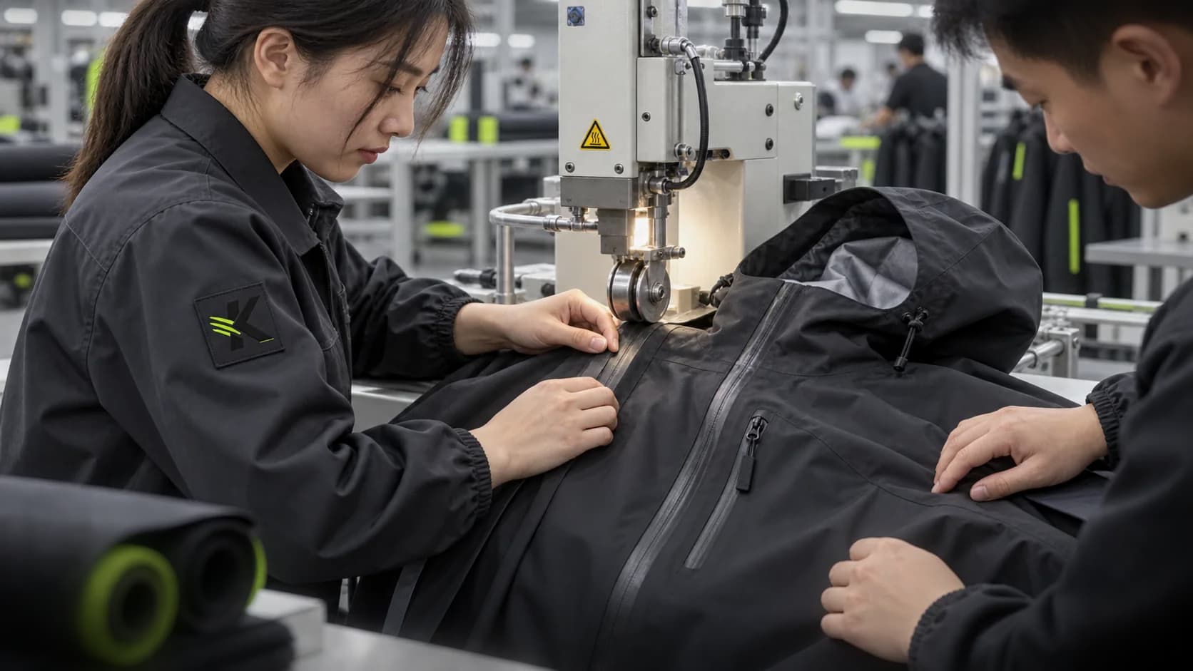 RASKOR technicians applying seam tape to a waterproof technical shell jacket